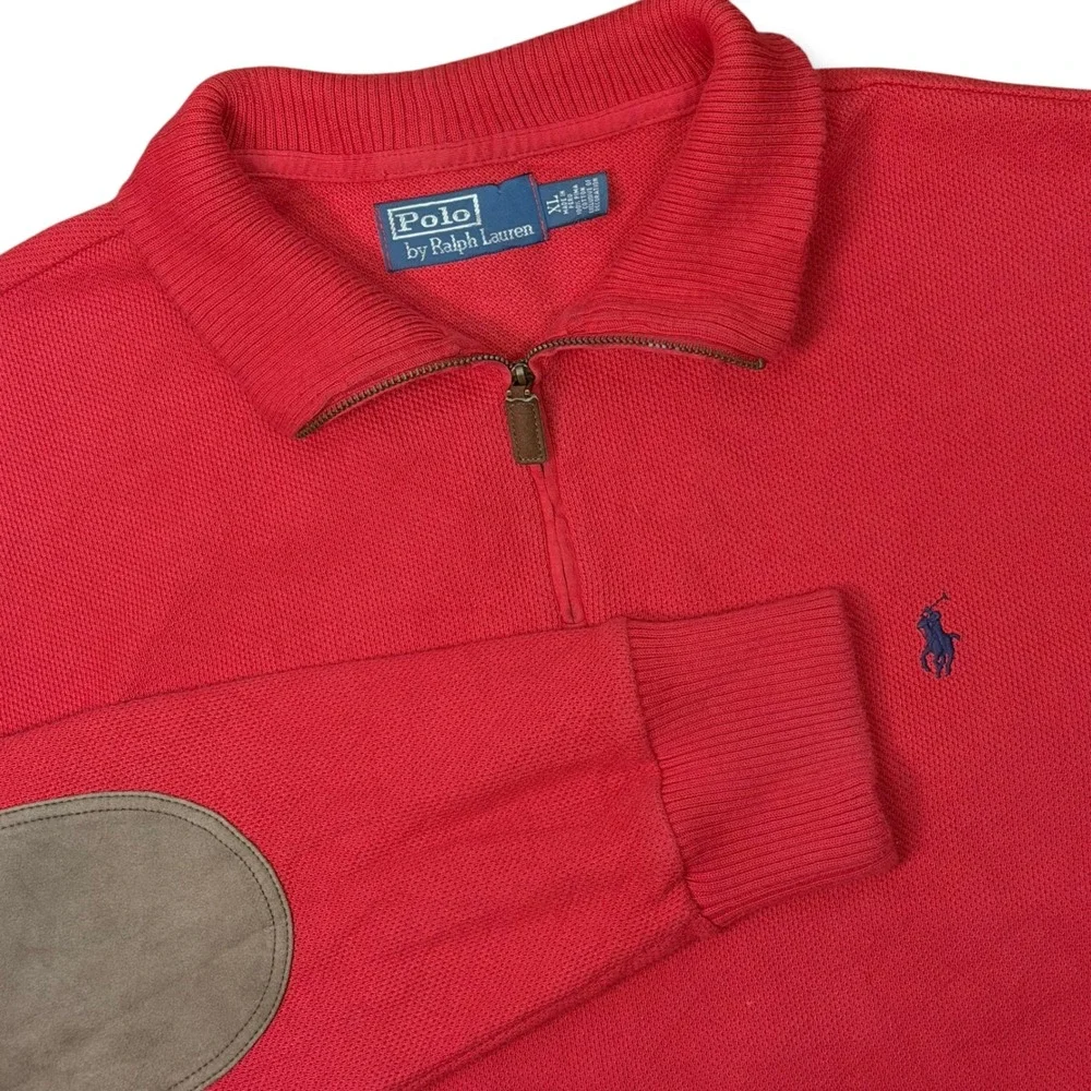 Polo Ralph Lauren Quarter Zip Men XL Red Elbow Patch Pima Cotton Pullover Preppy